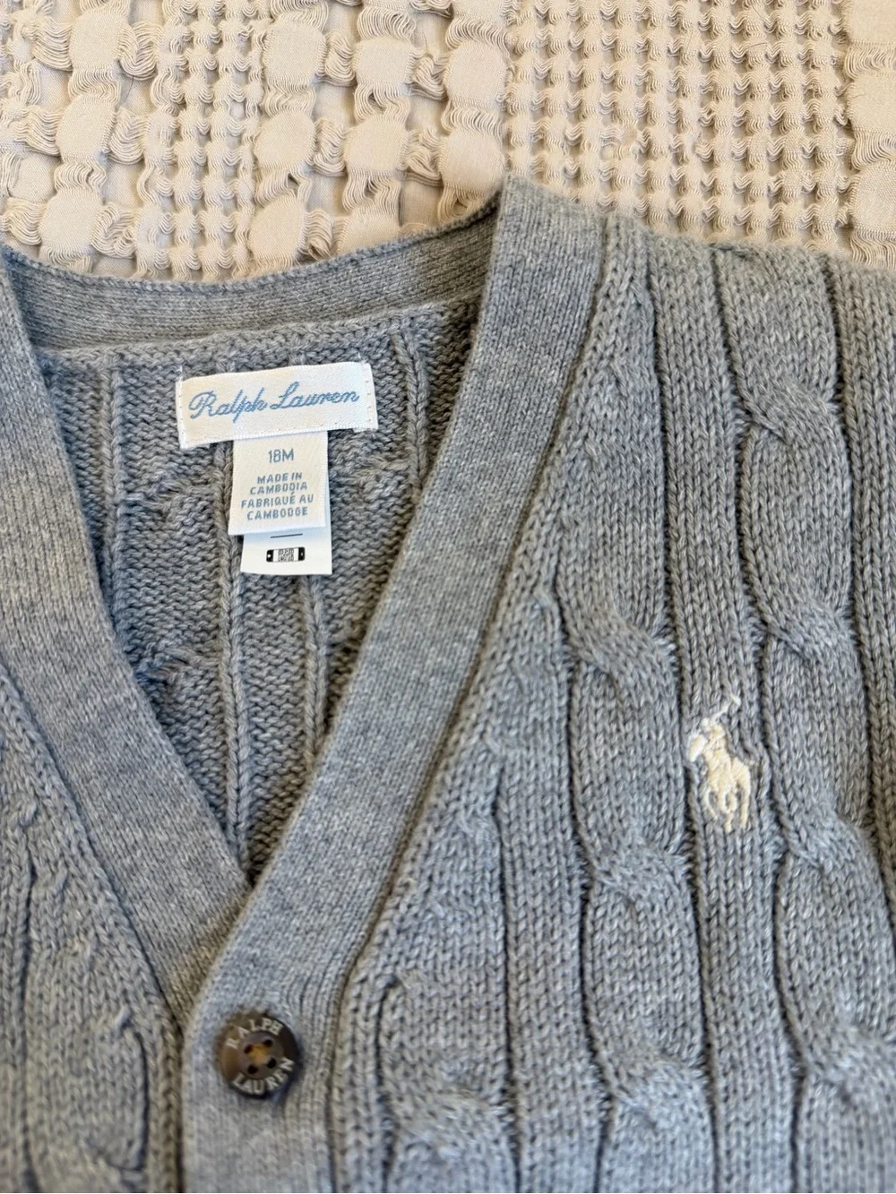 Ralph Lauren Sweater Baby 18M Gray Cable Knit Cotton Button Cardigan V Neck